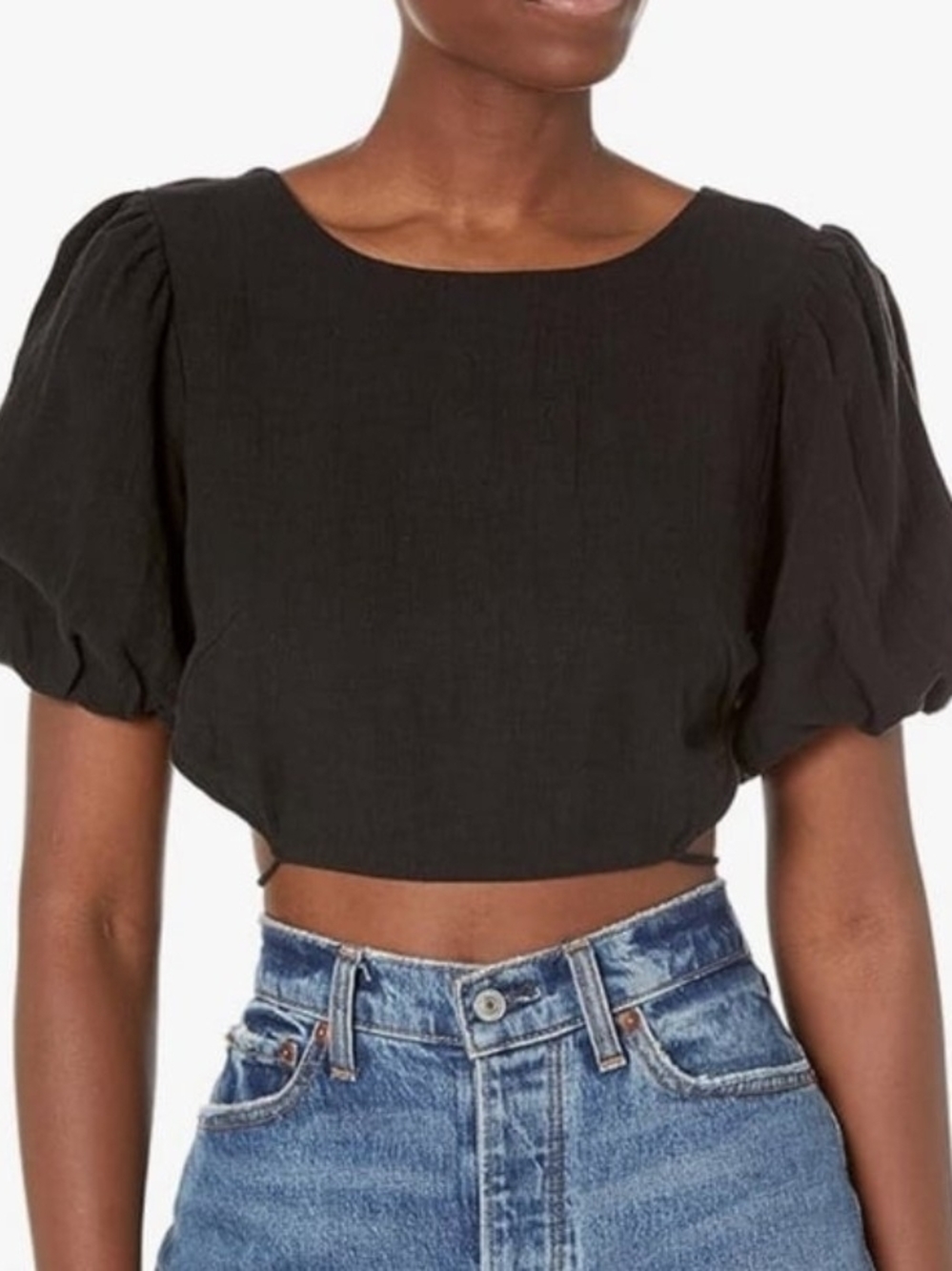 Astr The Label Simona Black Puff-Sleeve Cropped Top Open Tie Back